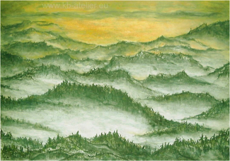 Motiv: Waldgipfel Berge Nebel
